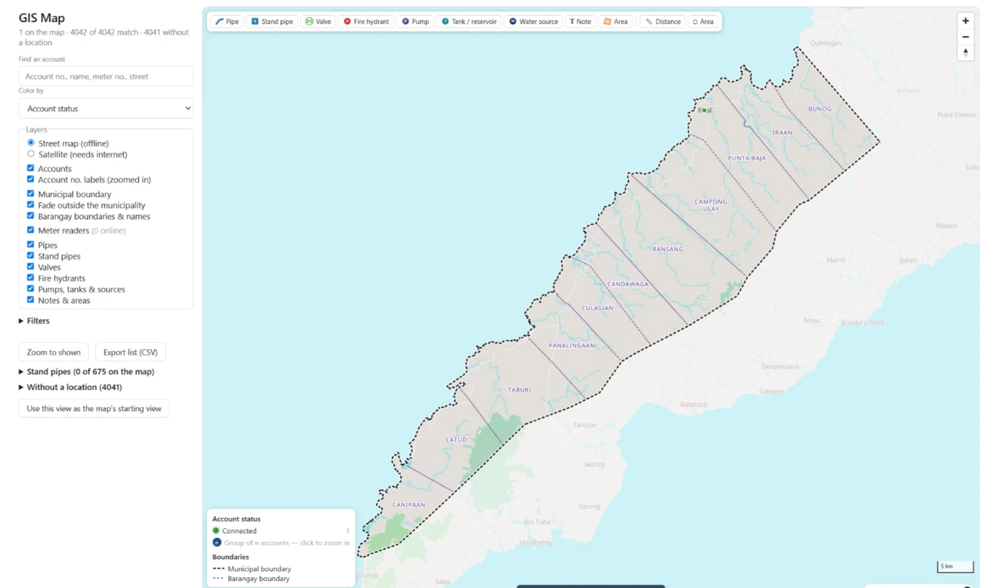 POSEIDON GIS map of the municipality with barangay boundaries and layers for pipes, valves and hydrants