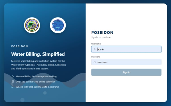 POSEIDON sign-in screen branded for the local water utility