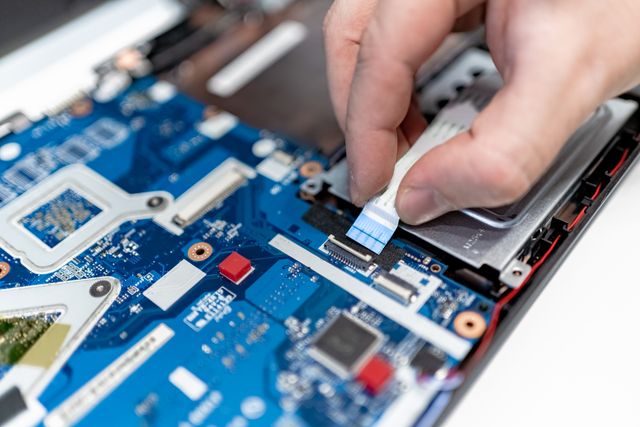 A ribbon cable being connected inside a laptop