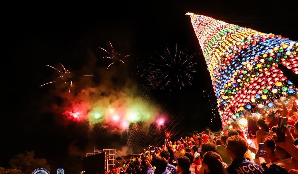 Fireworks bursting above a giant lit Christmas tree at night