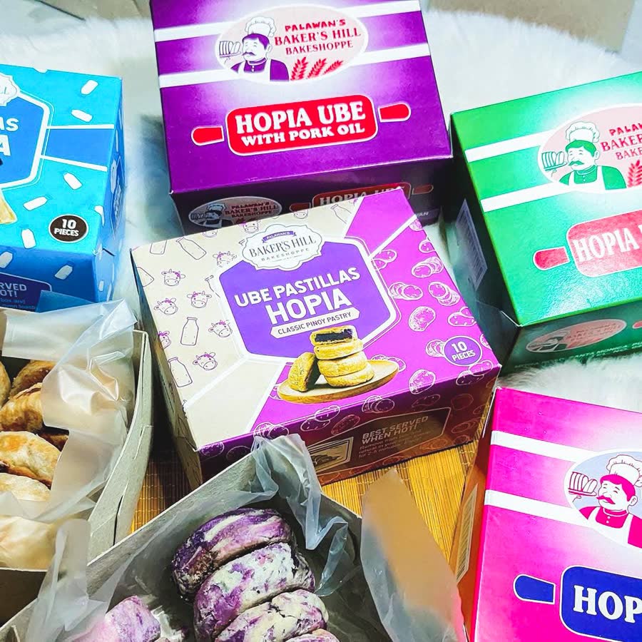 Boxes of ube and other hopia pastries
