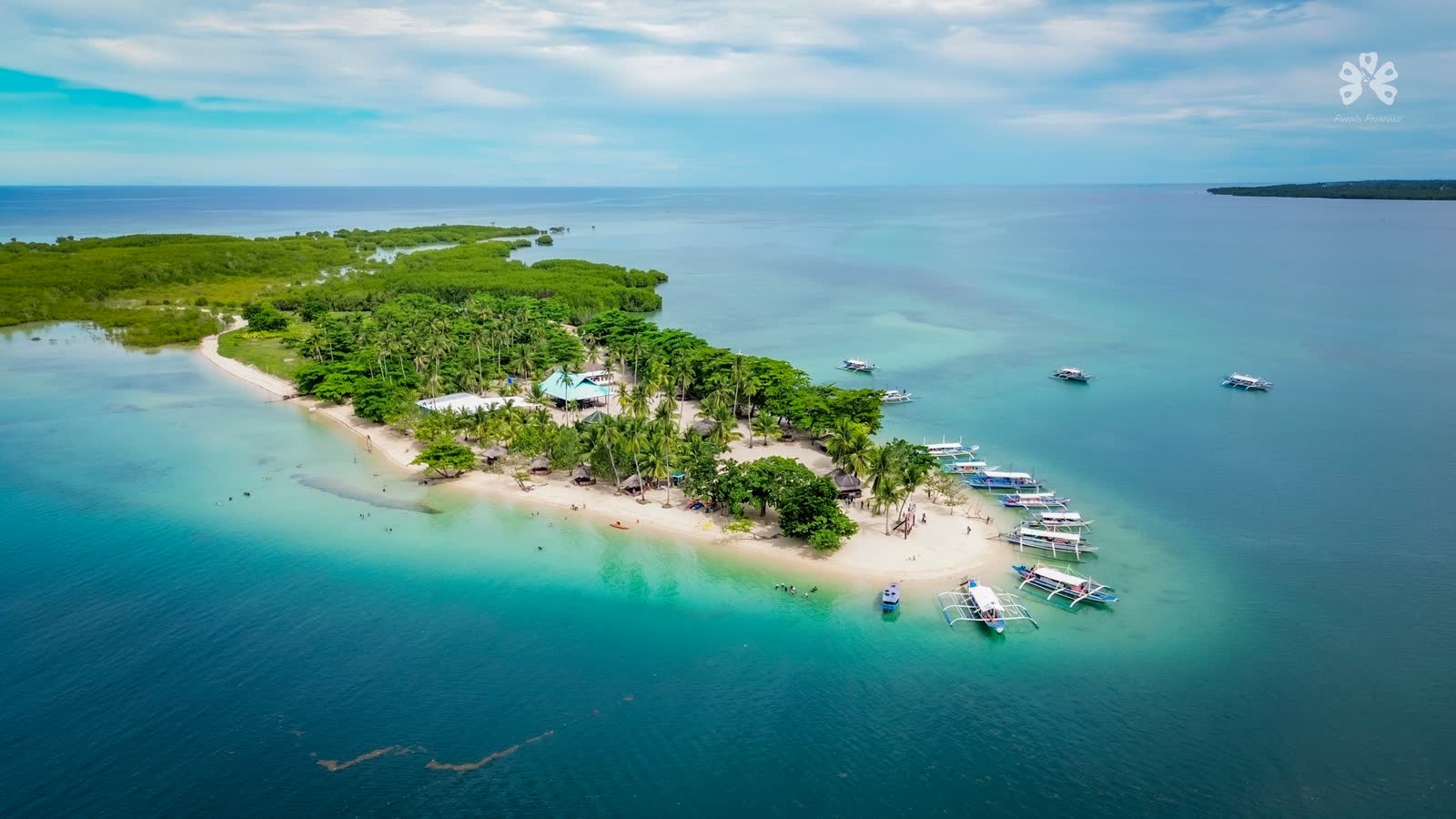 Aerial view of a green island fringed with white sand in turquoise sea