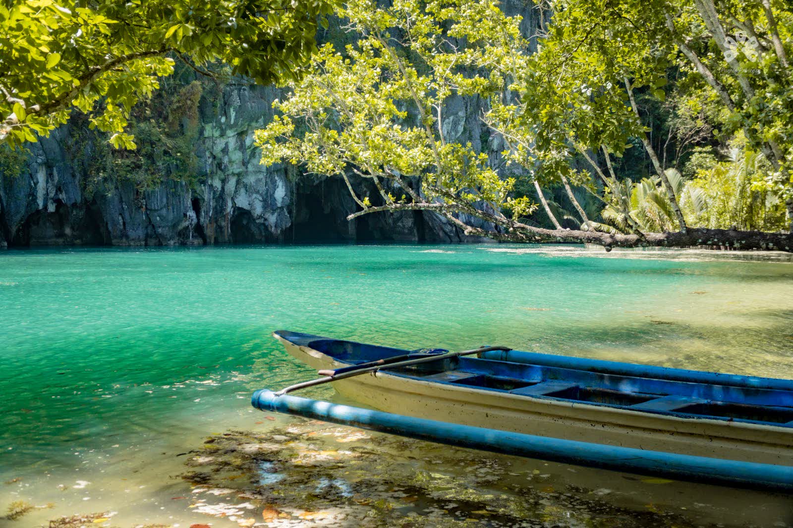 A wooden outrigger boat resting on clear green water below the cliffs at the river's mouth
