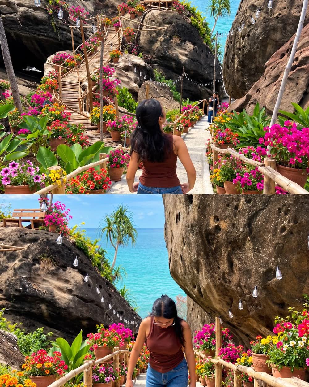 Huge boulders framing a glimpse of bright blue sea