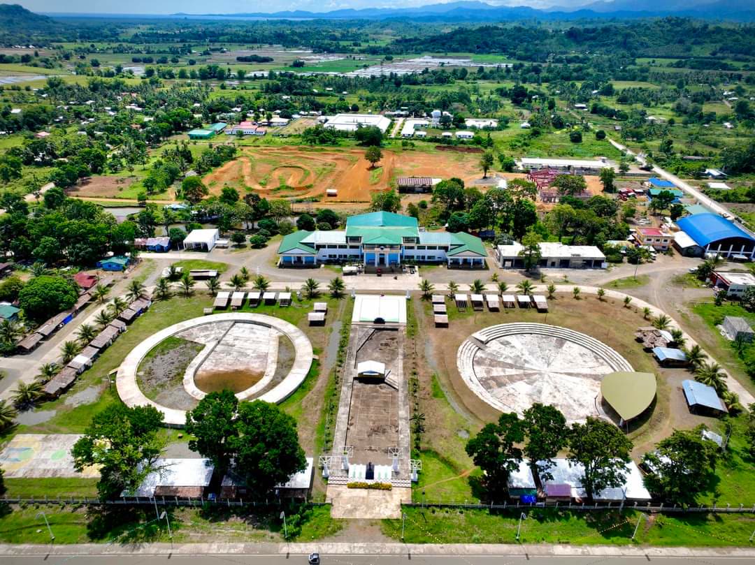 Aerial view of the Municipal Hall complex with its grounds, trees and fields beyond