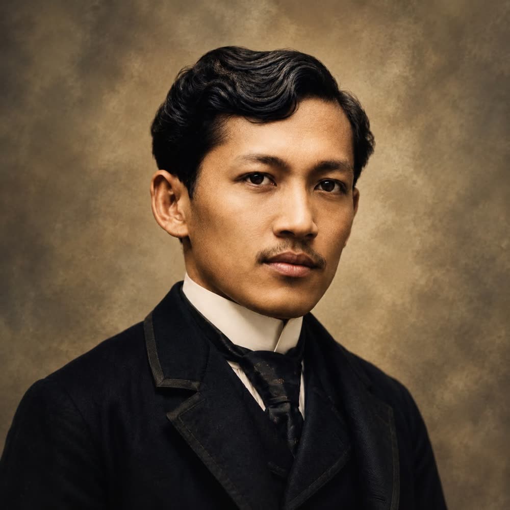 A colour portrait of Dr. Jose Rizal in a dark coat and white collar against a sepia backdrop