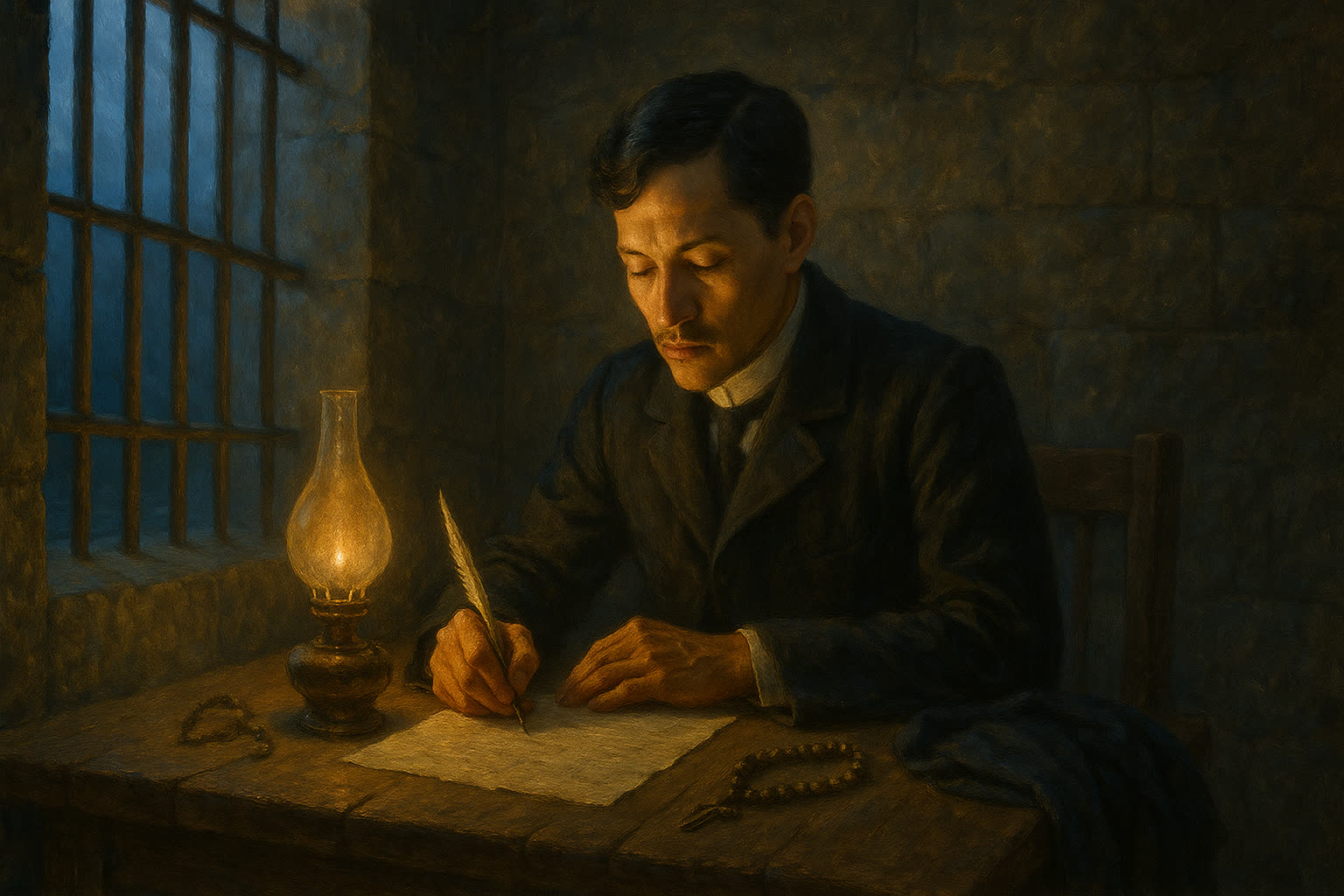 A painting of Rizal writing by lamplight at a wooden table in a stone cell with a barred window