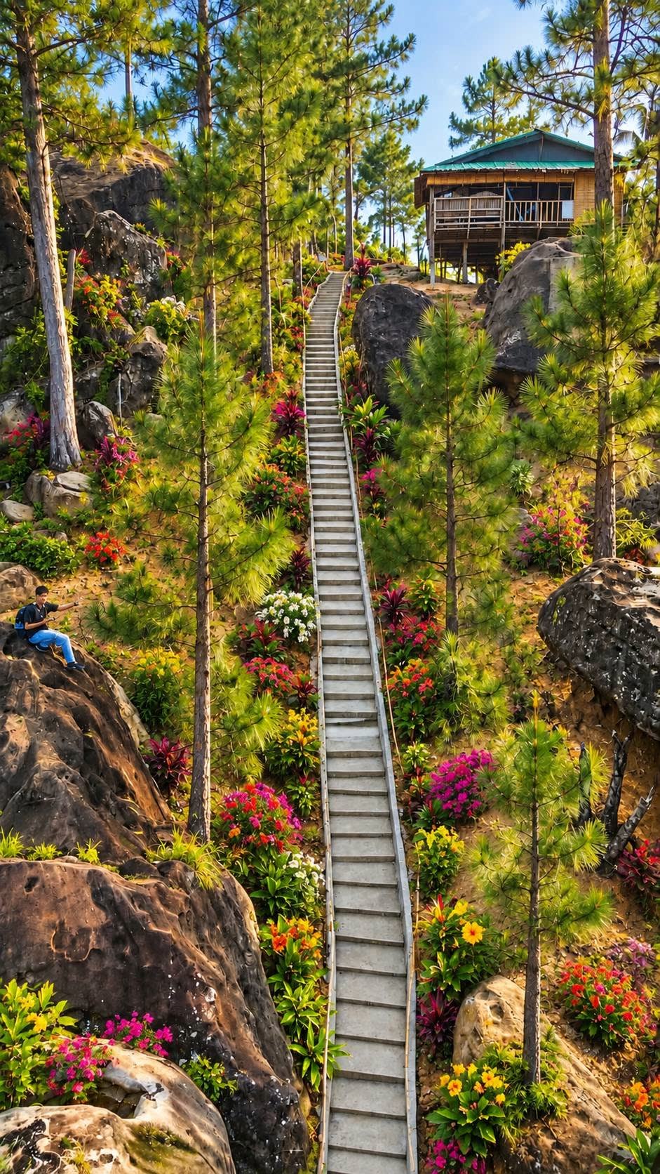 A woman walking down a flower-lined stairway between boulders