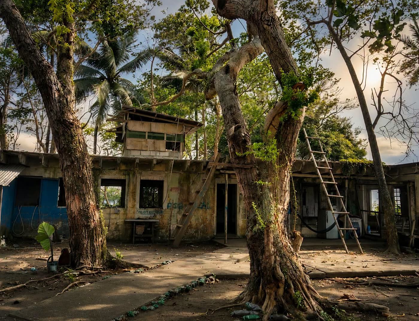 Weathered concrete buildings standing among old trees