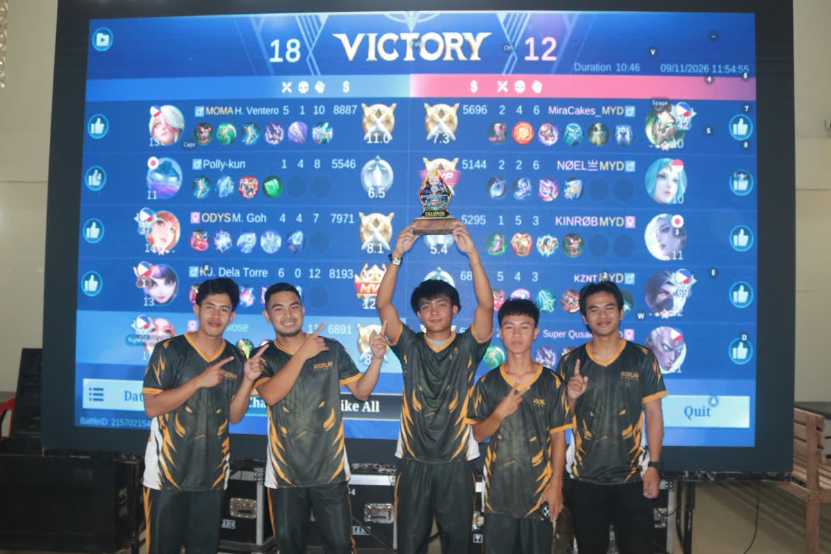 Young players holding up a trophy in front of a screen that reads Victory
