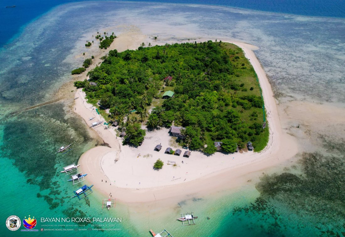 A wooded island with a white beach and bangkas