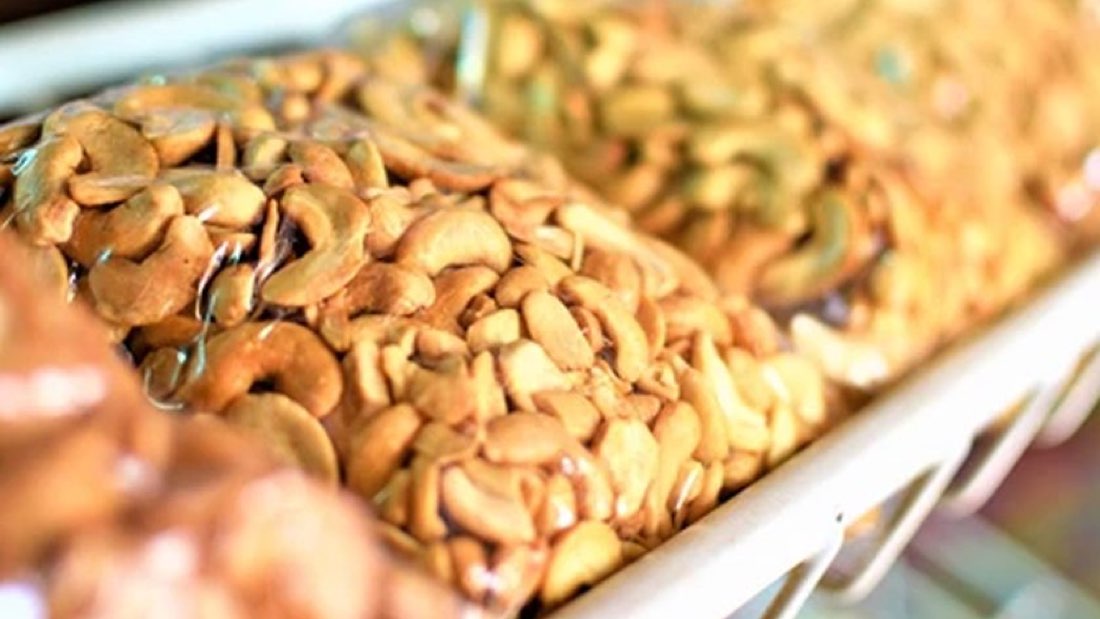 Trays of roasted cashew nuts on display