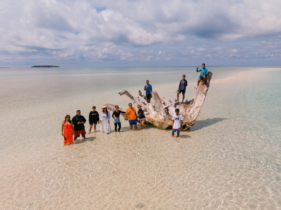 Visitors around a large piece of driftwood on a sandbar