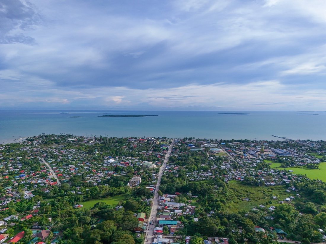 Aerial view of the town with islands scattered across the sea beyond