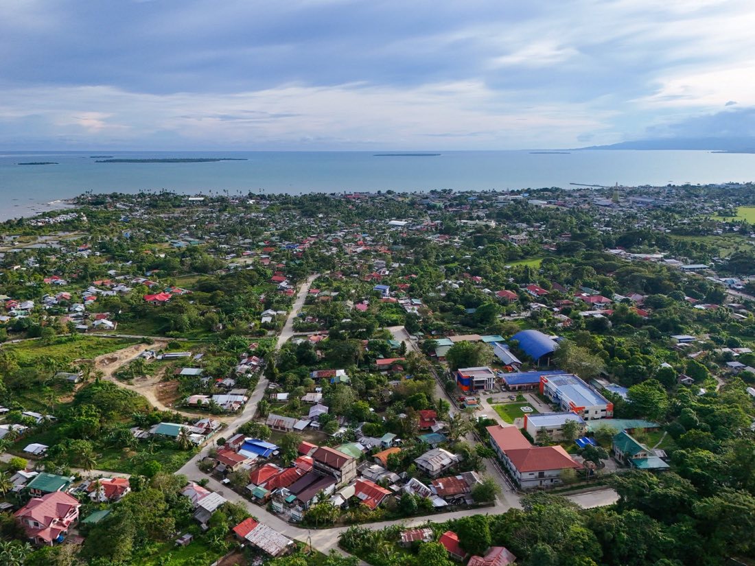 Close aerial view of rooftops, streets and trees in the poblacion