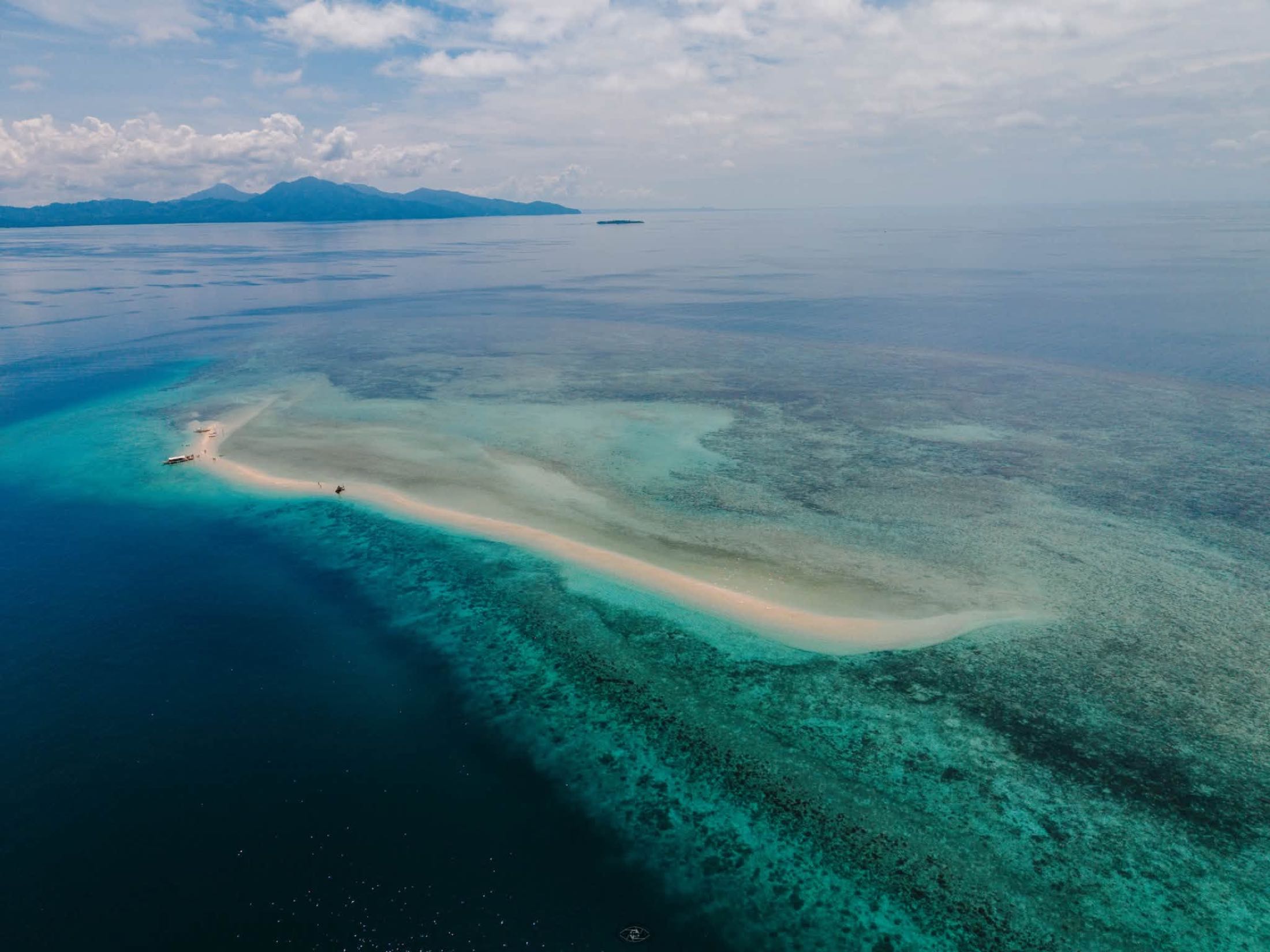 Aerial view of a thin white sandbar curving over a reef in deep blue water