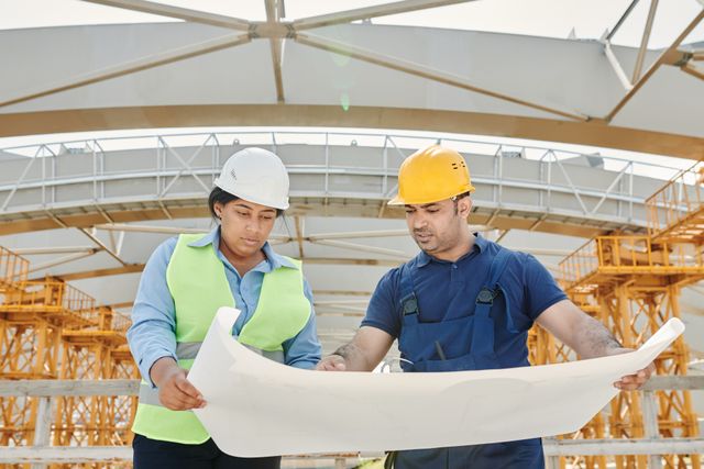 Engineers reviewing drawings during a site survey