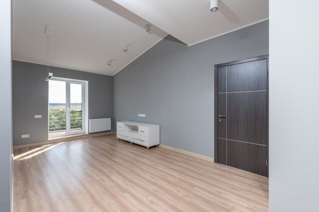 A clean, finished room with grey walls and a new door
